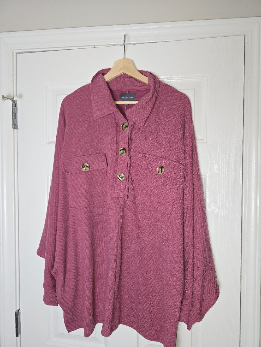 Hudson Gray Women's Mauve Pink Button-Front Ribbed Knit Top Large